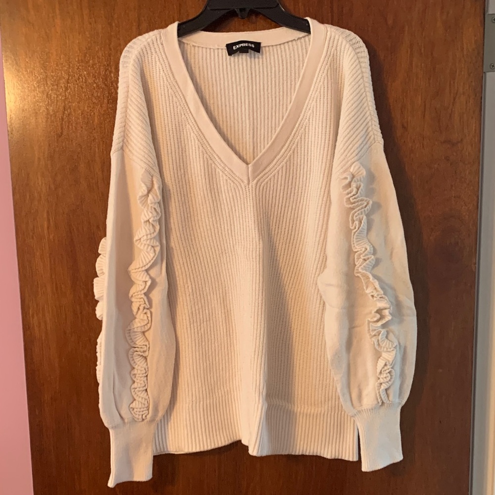 Express Women's Cream V-Neck Sweater with Ruffle Detail